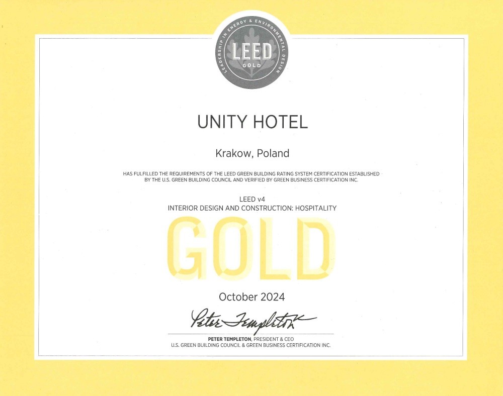 Unity Hotel i Unity Residence uzyskały certyfikaty LEED-GOLD